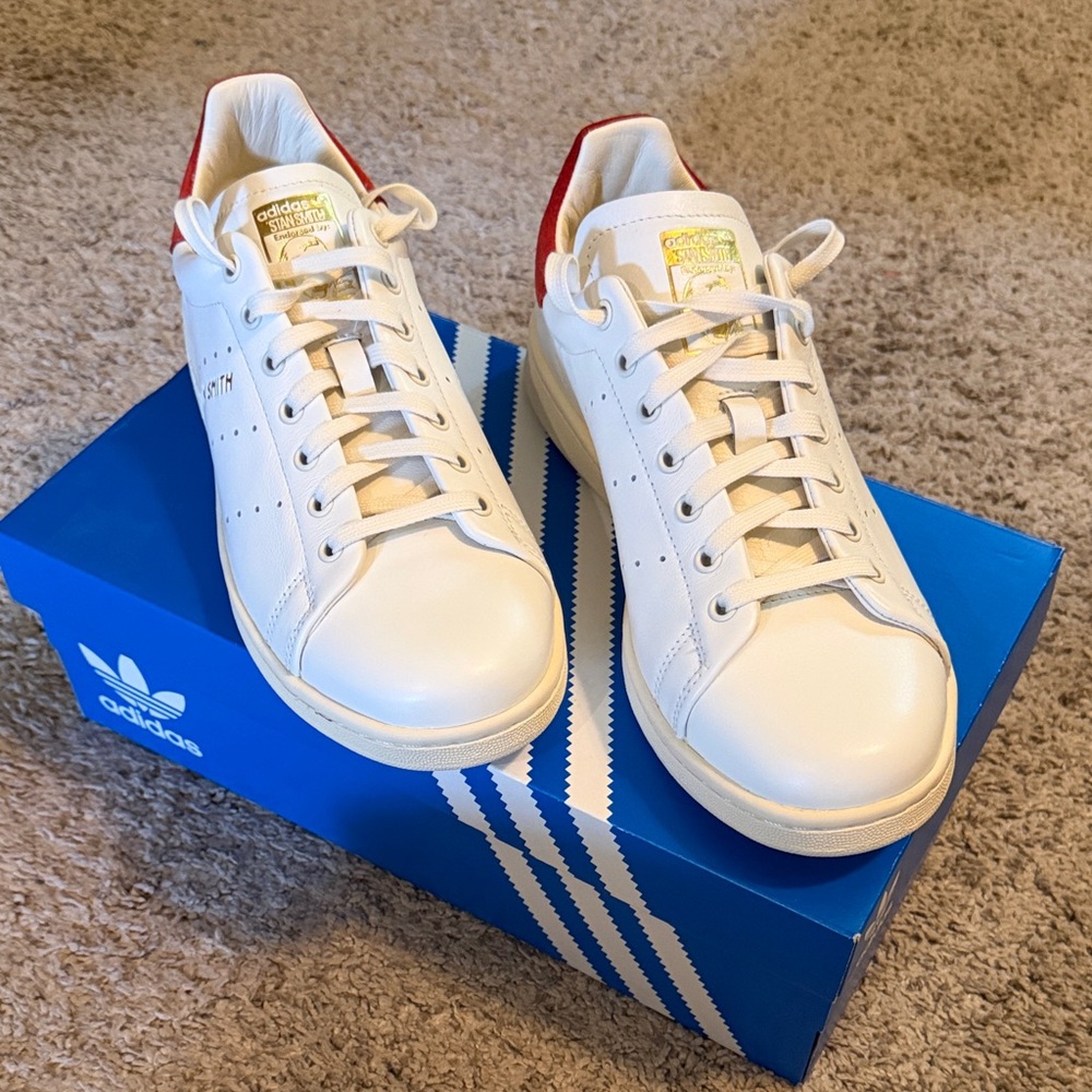 adidas Women’s White Sneakers with Red Heel Tab